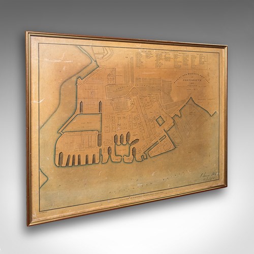 Antique Town Plan, Portsmouth Dockyard, English, Framed Cartography, Victorian