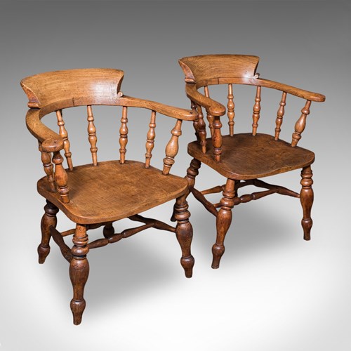 Pair Of Antique Country House Captain's Chairs, English, Smoker's Bow, Victorian