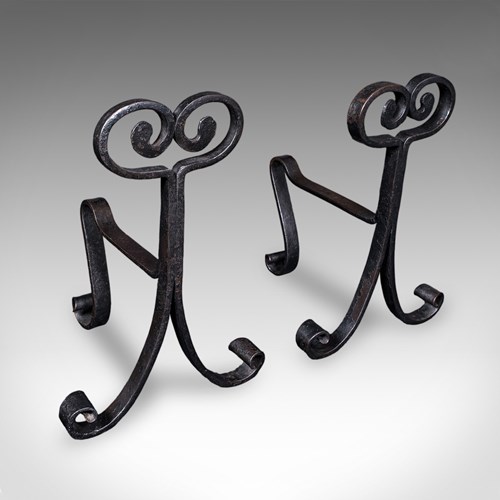 Pair Of Antique Fire Tool Rests, French, Andirons, Art Nouveau, Victorian, 1900
