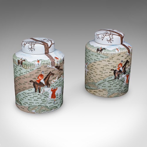 Pair Of Vintage Huntsman Biscuit Barrels, Oriental, Ceramic, Kitchen Storage Jar