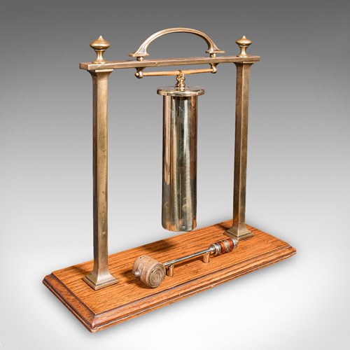 Antique Veranda Supper Bell, Brass, Oak, Afternoon Tea Gong, Edwardian, C.1910