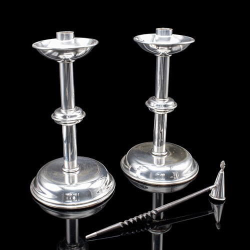 Pair Of Vintage Candlesticks, English, Silver Plate, Snuffer Tool, Mid Century