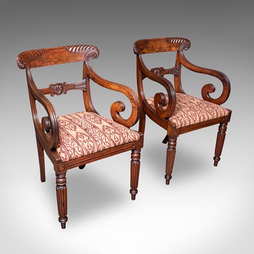 Pair Of Antique Morning Room Elbow Chairs, English, Reception Seat, William IV