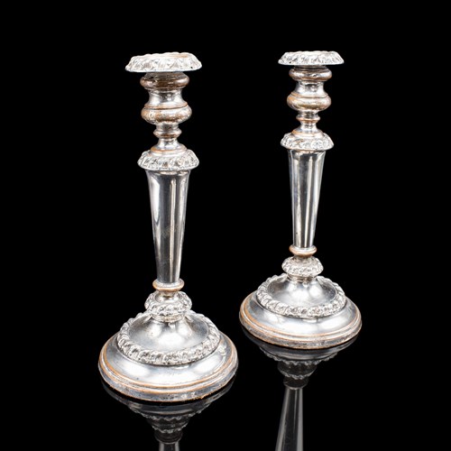 Pair Of Antique Old Sheffield Plate Candlesticks, English Candle Nozzle, Regency
