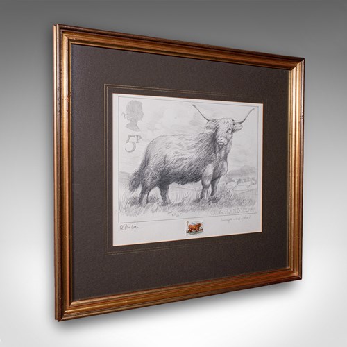 Vintage Highland Cow Artist's Proof, English, Framed, Stamp Art, Barry Driscoll