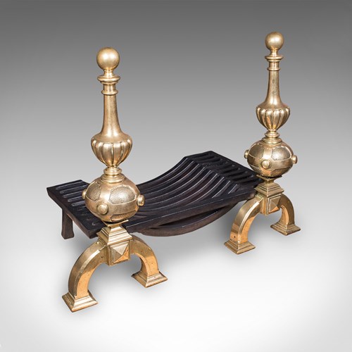 Grand Antique Fireplace Set, English Iron Fire Basket, Brass Andirons, Victorian