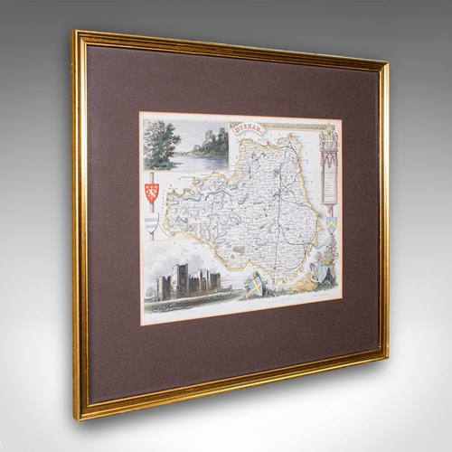 Antique Map Of County Durham, English, Framed, After Moule, Victorian, C.1900
