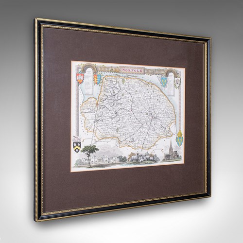 Vintage Norfolk County Map, English, Framed, Cartography, After Thomas Moule