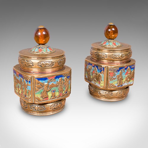 Pair Of Small Antique Champleve Tea Caddies, Oriental Spice Pot, Edwardian, 1910