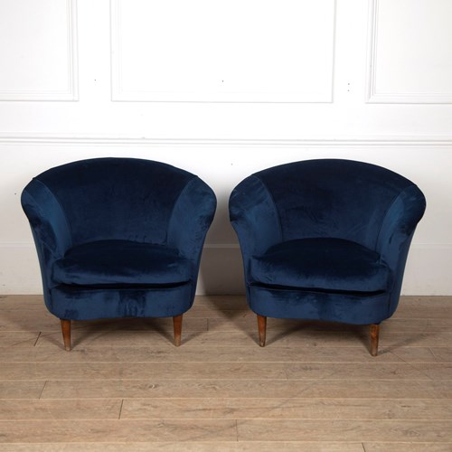 Pair Of Italian Lounge Chairs In Blue Velvet
