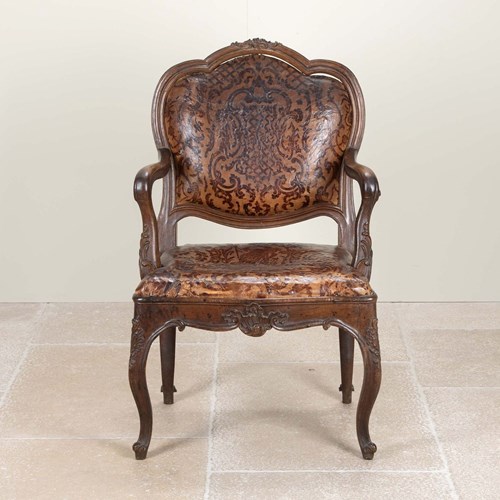 18Th Century French Oak & Leather Fauteuil
