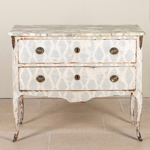 18Th Century Louis XV/XVI Transitional Hand Painted Marble Top Commode