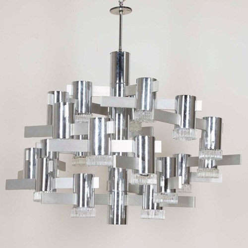 1970S Chrome And Glass Multi-Light Chandelier By Sciolari
