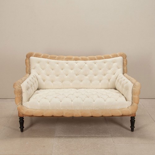 19Th Century French Country House Buttoned Sofa With Rolled Edge In Calico