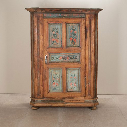 19Th Century Single Door Armoire With Original Floral Painted Decoration