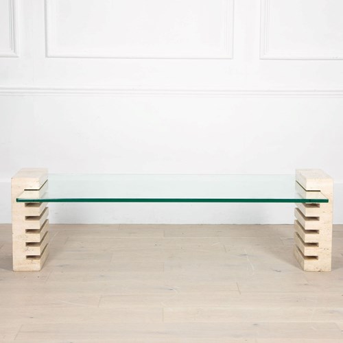 Mid-Century Italian Travertine And Glass Adjustable Coffee Table