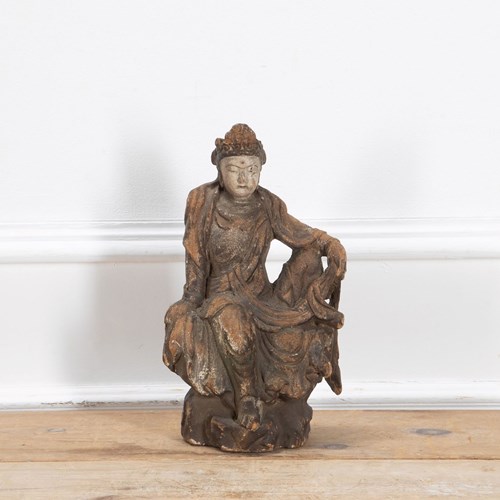 Early 17Th Century Carved Wood Figure Of Guanyin