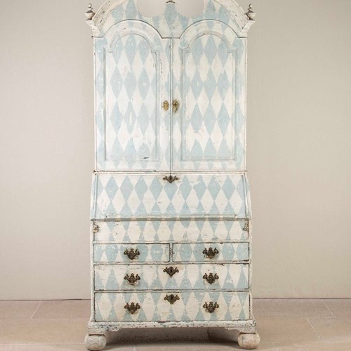 Early 18Th Century Queen Anne Hand Painted Bureau Bookcase