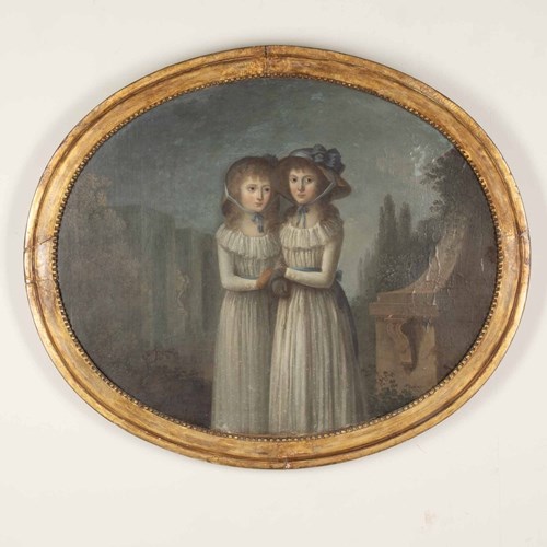 Early 19Th Century English Oil On Canvas Painting Of Regency Twin Sisters