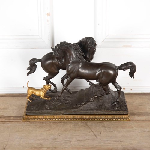 20Th Century Bronze Group Of Two Horses And A Dog