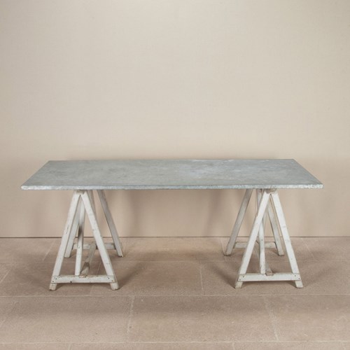 19Th Century French Provincial Florists Trestle Table With Later Zinc Top