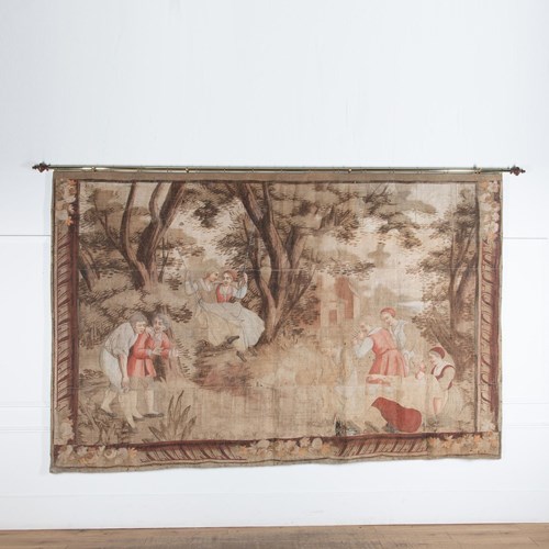 Grand Scale Flemish 18Th Century Country House Painted Toile Wall Hanging