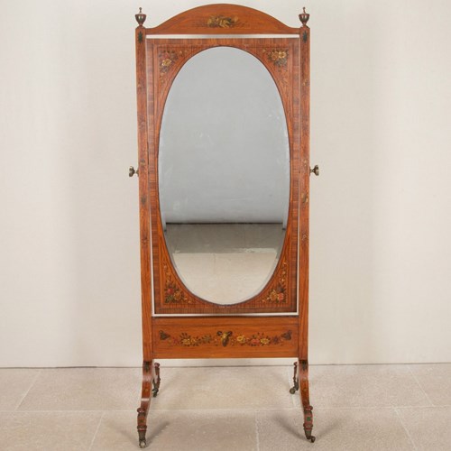 Large Early 20Th Century Edwardian Satinwood Cheval Mirror