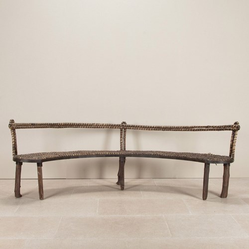 Large Early 20Th Century French Primitive Curved Wooden Bench