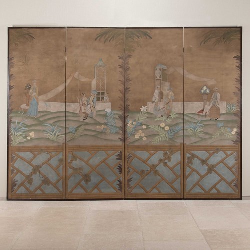 Large Early 20Th Century French Painted Chinoiserie Screen