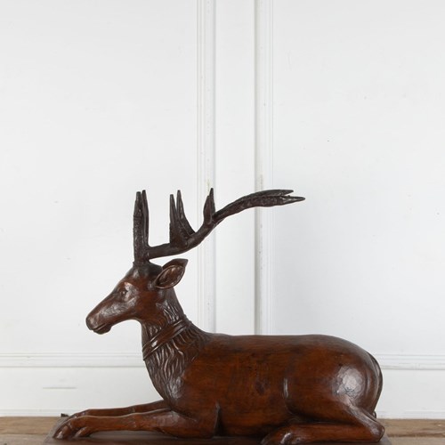 Large Early 20Th Century Hand Carved Swiss Black Forest Deer