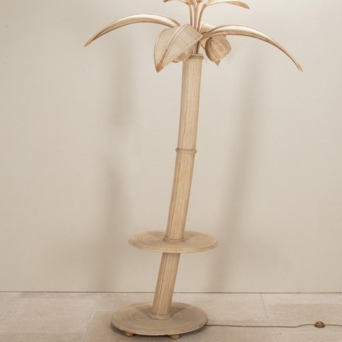 Large Mid-Century French Cane And Bamboo Palm Tree Lamp