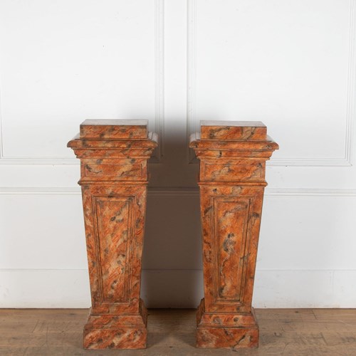 Large Pair Of 19Th Century Faux Marble Painted Oak Pedestals