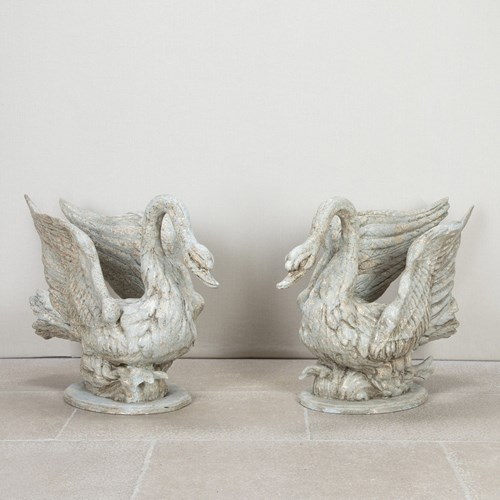 Large Pair Of 20Th Century Italian Hand Carved Lime Wood Swan Planters
