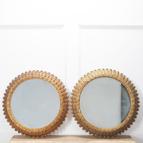 Large Pair Of Mid-Century Carved Giltwood Sun Mirrors