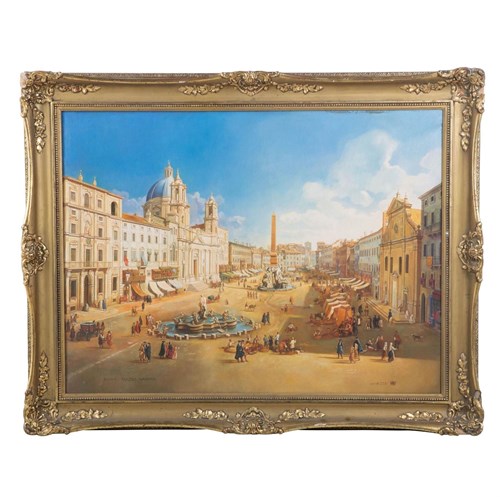 Mid 20Th Century Oil Painting Of Piazza Navona In Rome