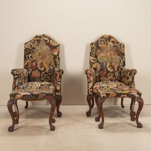 Pair Of 19Th Century English Wingback Armchairs With Tapestry