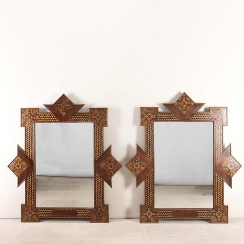 Pair Of 19Th Century French Marquetry Wooden Mirrors