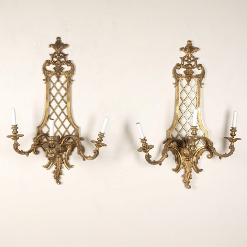Pair Of 19Th Century French Three Armed Brass Wall Sconces