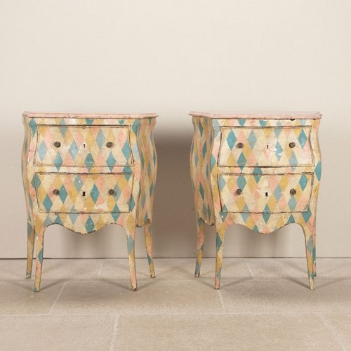 Pair Of 19Th Century Hand Painted Venetian Bombe Commodes