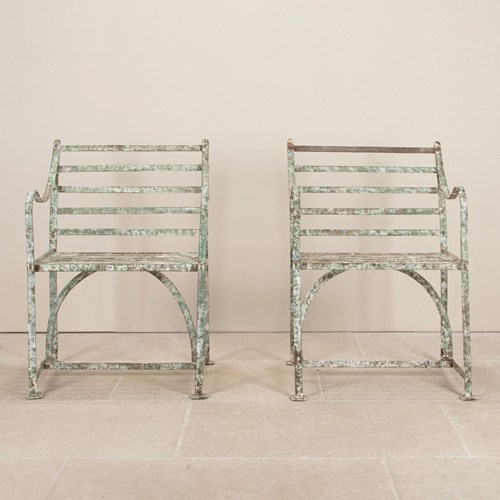 Pair Of 19Th Century Regency Wrought Iron Strap Work Garden Seats