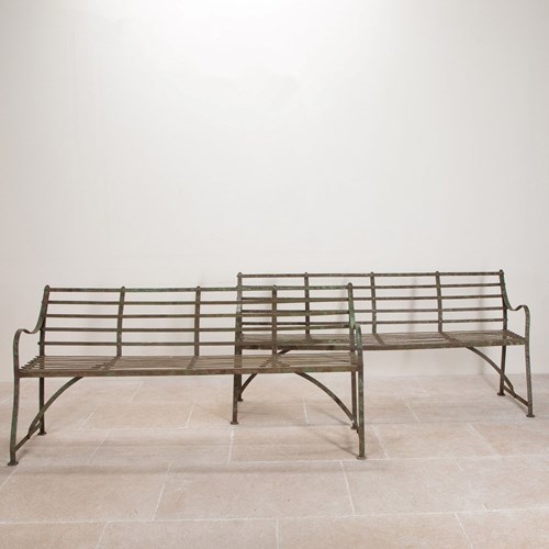 Pair Of 19Th Century English Wrought Iron Strapwork Garden Benches