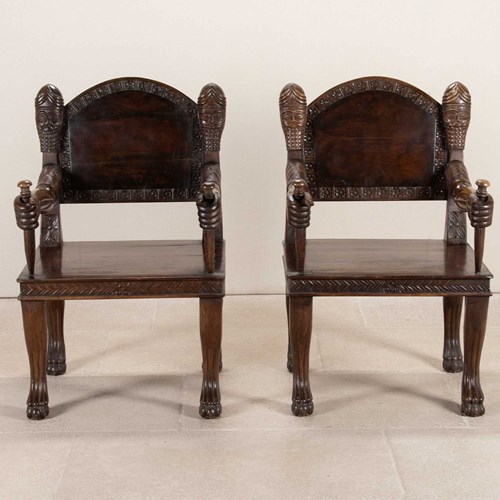 Pair Of 20Th Century Anglo-Indian Carved Open Armchairs