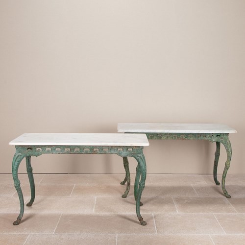 Pair Of Early 19Th Century Italian Cast Iron Tables With Carrara Marble Tops