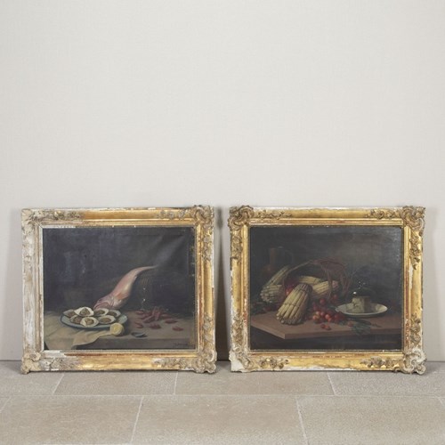Pair Of Large 19Th Century French Still Life Oil On Canvas Paintings
