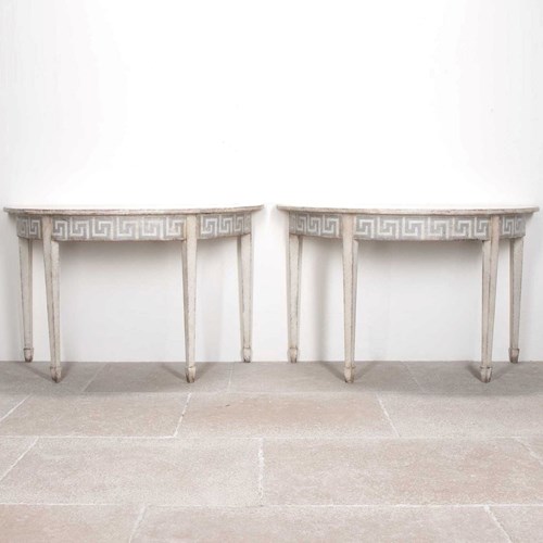 Pair Of Late 19Th Century Demi Lune Tables With Painted Greek Key Detail