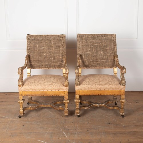 Pair Of Louis XIV Style Giltwood Armchairs
