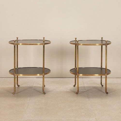 Pair Of Mid-Century English Mallet Brass Two Tier Side Tables