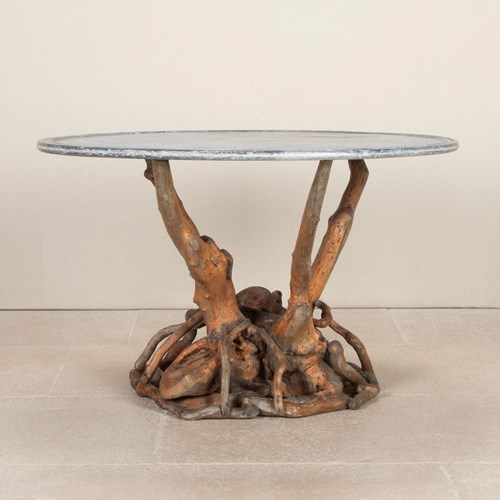 Sculptural Root Table With 19Th Century Marble Top