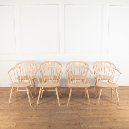 Set Of Eight Mid Century Bleached Ercol ‘Cowhorn’ Chairs