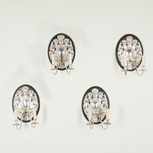 Set Of Four 20Th Century English Silver Repousé Wall Lights